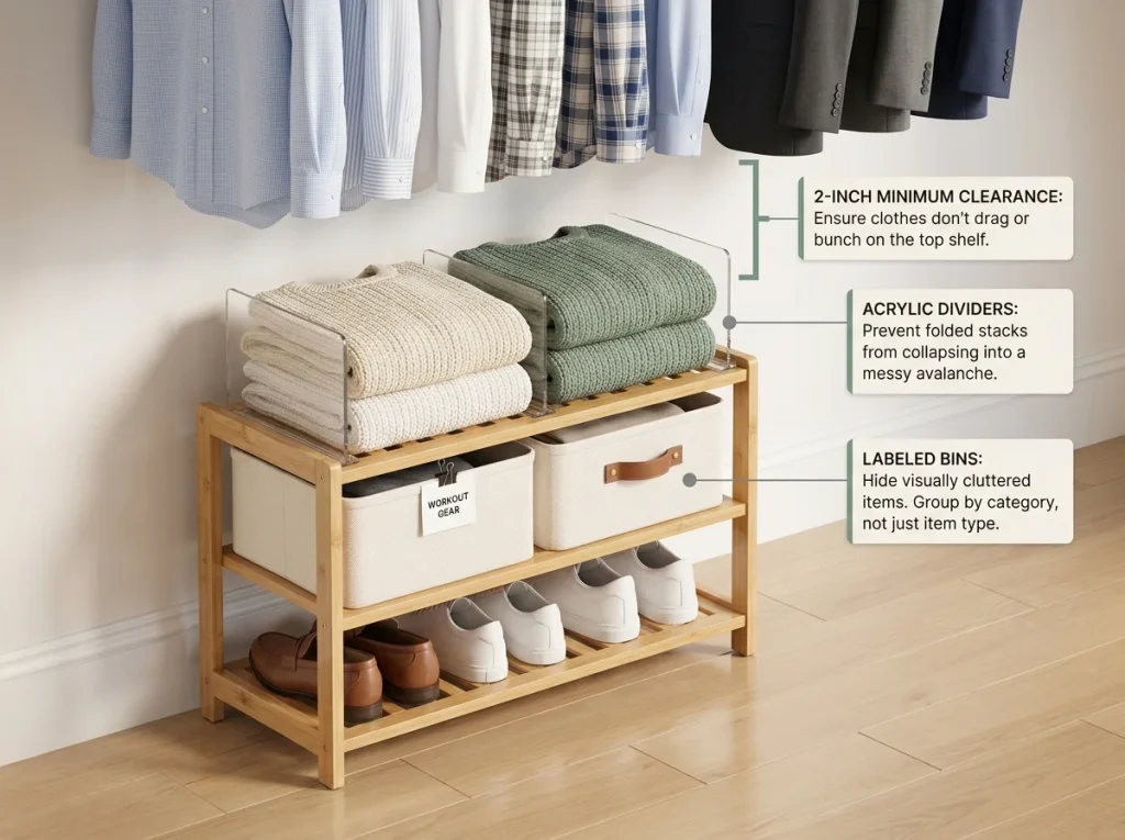 Infographic showing a freestanding bamboo shelf unit on a closet floor with labeled bins and acrylic dividers