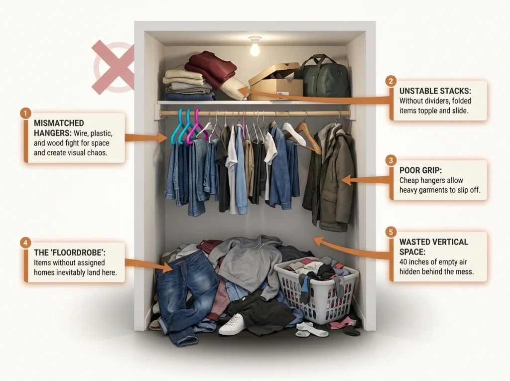 Infographic showing a messy disorganized closet with mismatched hangers, falling clothes, and piled items on the floor