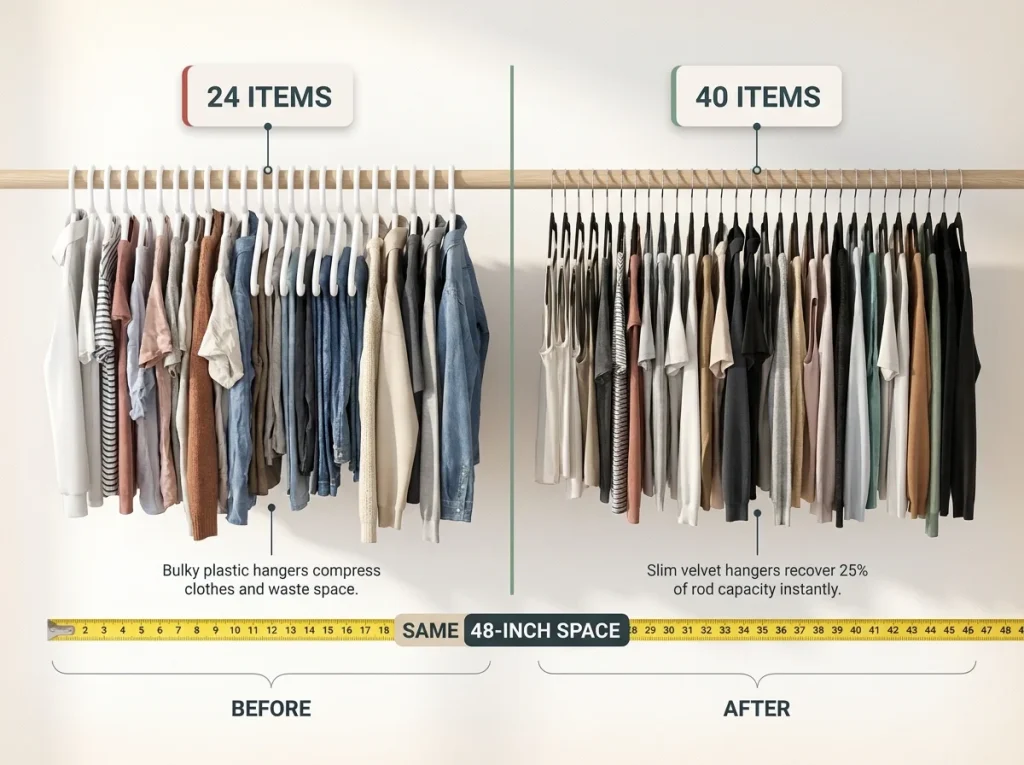 Too Many Clothes? How to Organize a Closet That Stays Neat 2 Infographic showing a side-by-side comparison of 24 plastic hangers versus 40 slim velvet hangers on a 48-inch closet rod.