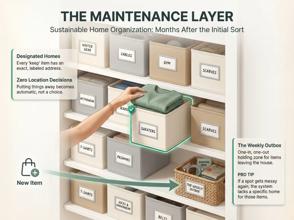 Infographic showing organized closet maintenance system with labeled fabric bins and designated item homes