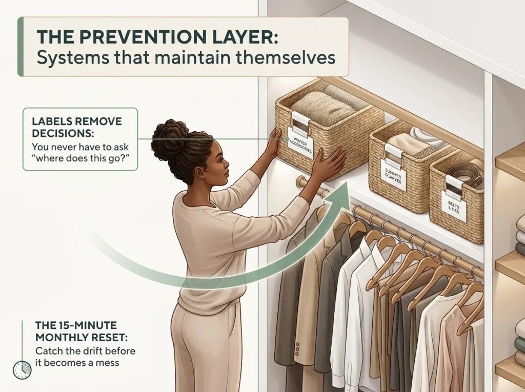8 Decluttering Methods That Work Past the First Week 14 Infographic showing a woman placing a labeled storage bin on an organized closet shelf for daily maintenance
