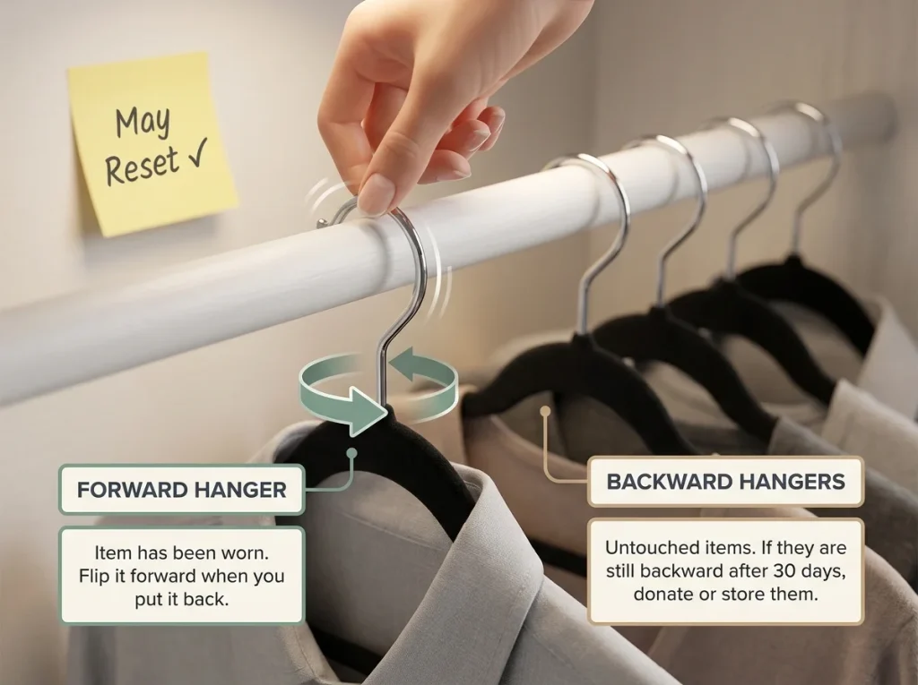 Too Many Clothes? How to Organize a Closet That Stays Neat 11 Infographic showing the monthly closet reset technique of flipping a hanger forward after wearing an item.