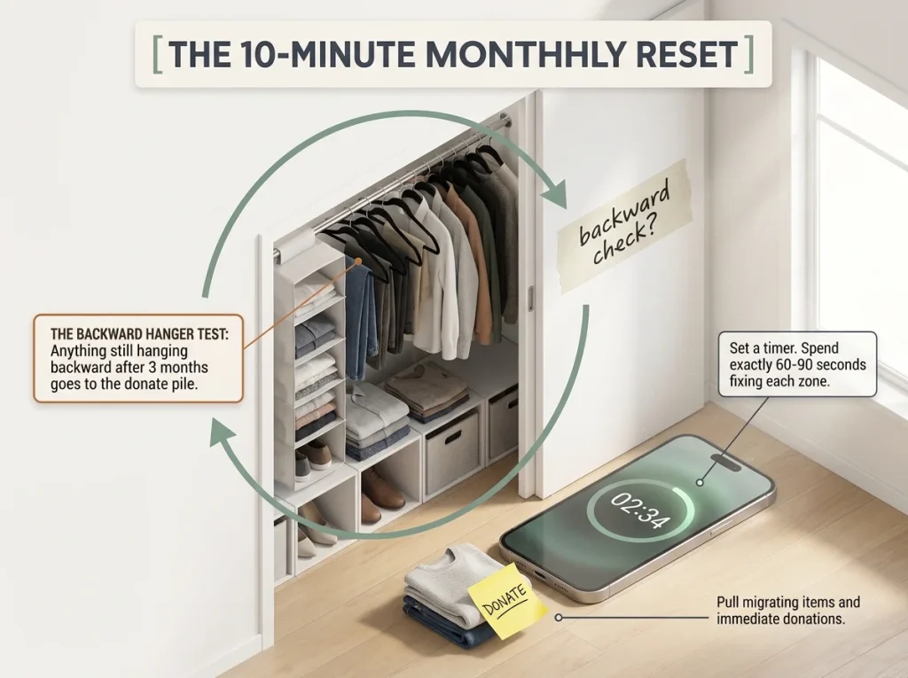 Infographic showing 10-minute closet monthly reset routine with timer, donation pile, and backward hanger test