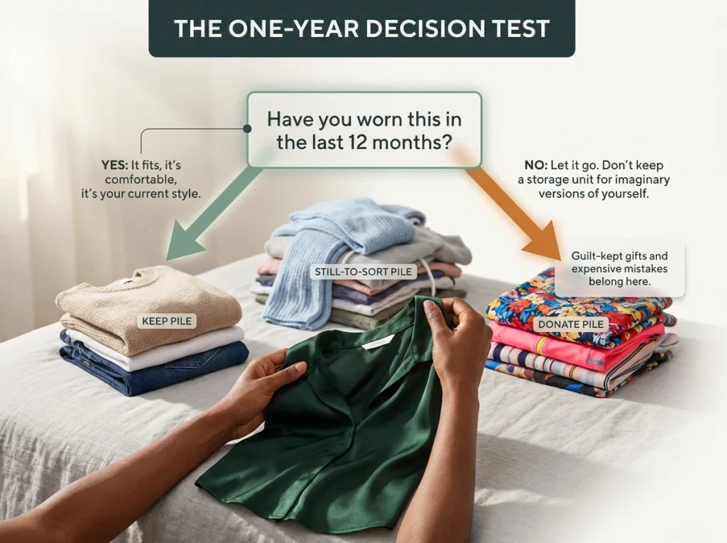 Infographic showing the 1-year decision test for decluttering clothes with keep, donate, and sort piles