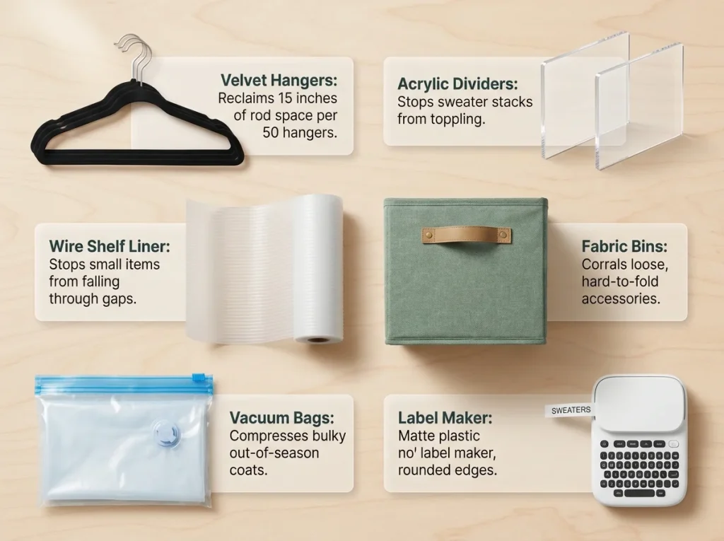 Infographic showing an overhead flat-lay of essential closet organization accessories including velvet hangers and dividers