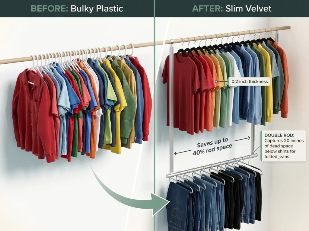 Infographic comparing crowded plastic hangers with space-saving velvet hangers and a double rod system for jeans