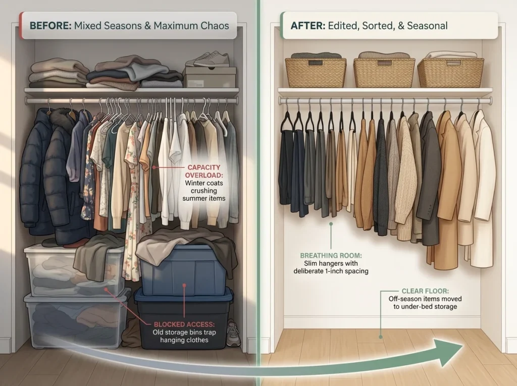 Infographic showing a before and after split of a cluttered reach-in closet transformed into an organized seasonal wardrobe with labeled zones.