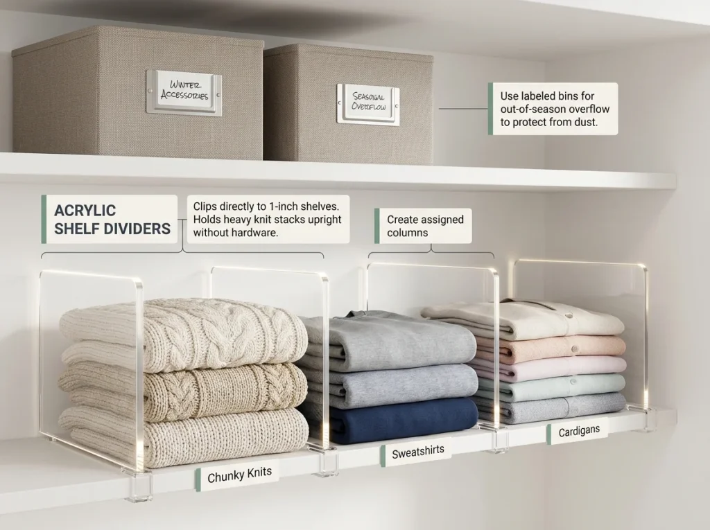 Infographic showing closet upper shelf organization using clear acrylic dividers for sweater stacks and labeled seasonal bins