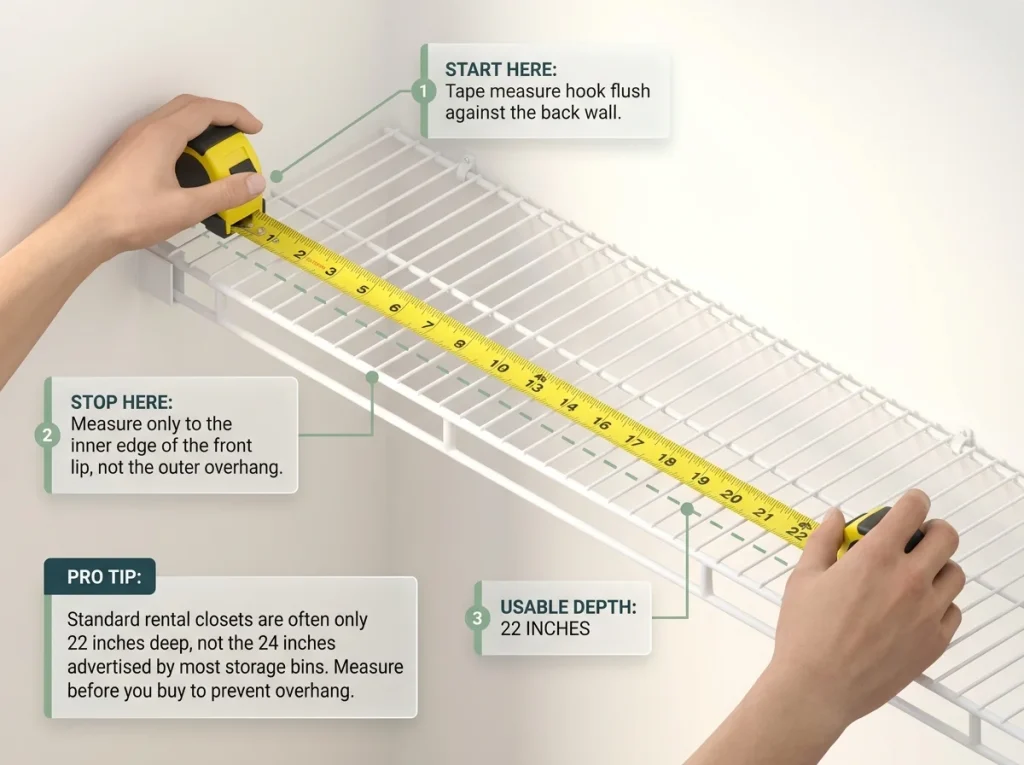 Infographic showing hands using a tape measure to check actual usable depth of a wire closet shelf