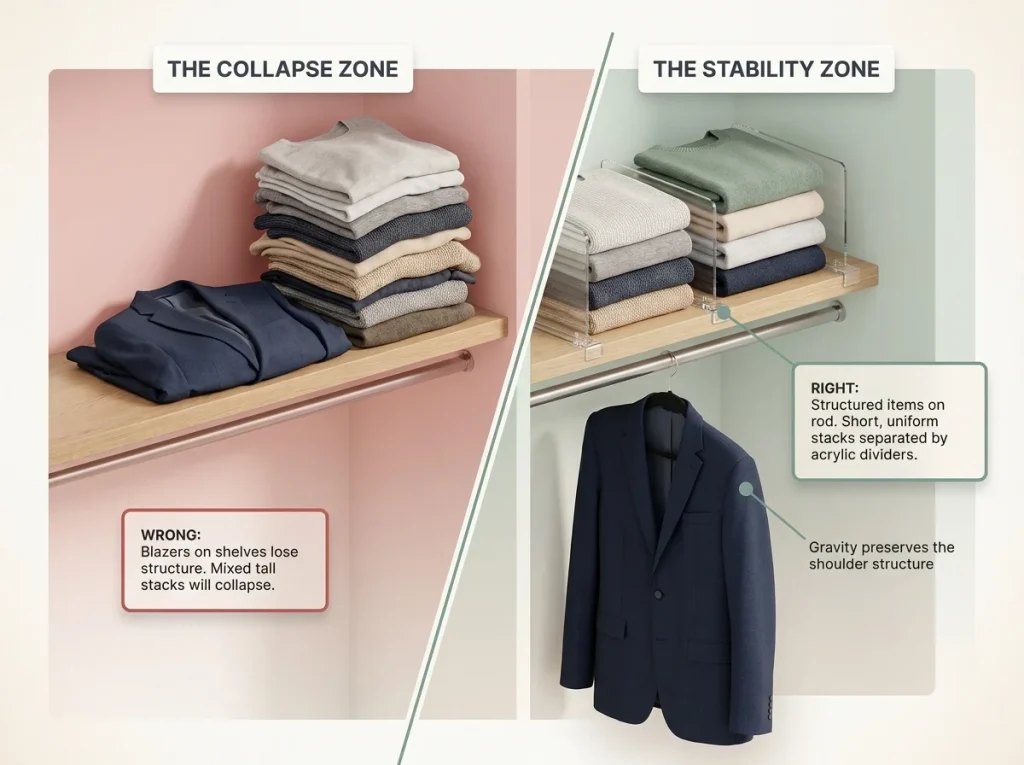 Why Your Closet Shelf Piles Keep Falling Over 2 Infographic comparing wrong vs right closet shelf storage showing a crushed blazer versus properly stacked sweaters with dividers