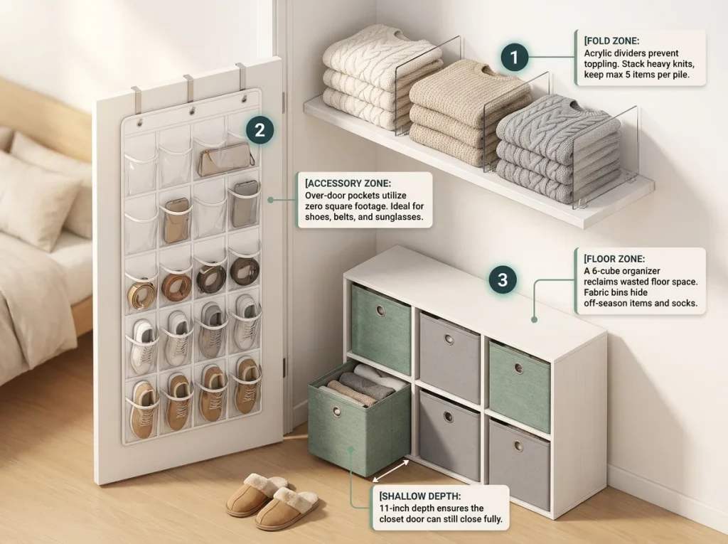 Infographic showing closet storage optimization with acrylic shelf dividers, over-door shoe organizer, and floor cube bins
