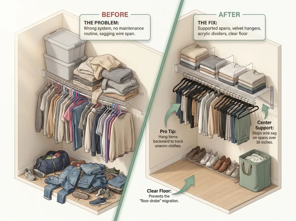 Infographic showing a before and after split of a closet system demonstrating proper maintenance, matched bins, and velvet hangers