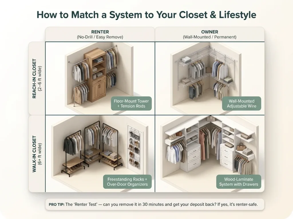 Infographic showing a 2x2 decision matrix matching closet types to renter and owner specific organization systems