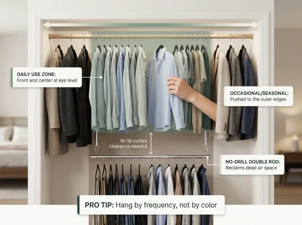Why Budget Closet Makeovers Always Revert 5 Infographic showing closet frequency zones with daily items at center, seasonal items at sides, and a double hanging rod