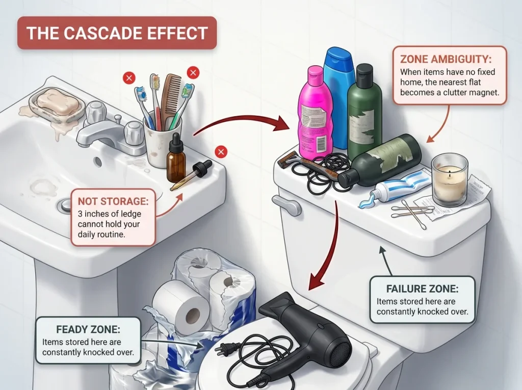 Infographic showing a cluttered bathroom before organization with the cascade effect on flat surfaces