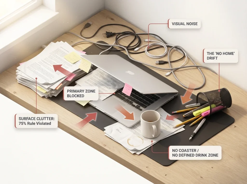 Infographic showing a disorganized desk before state with tangled cables, stacked papers, and misplaced items highlighted