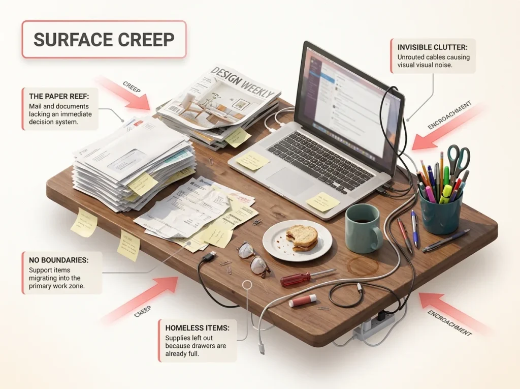 Infographic showing a cluttered home office desk illustrating surface creep with labeled problem areas and tangled cables