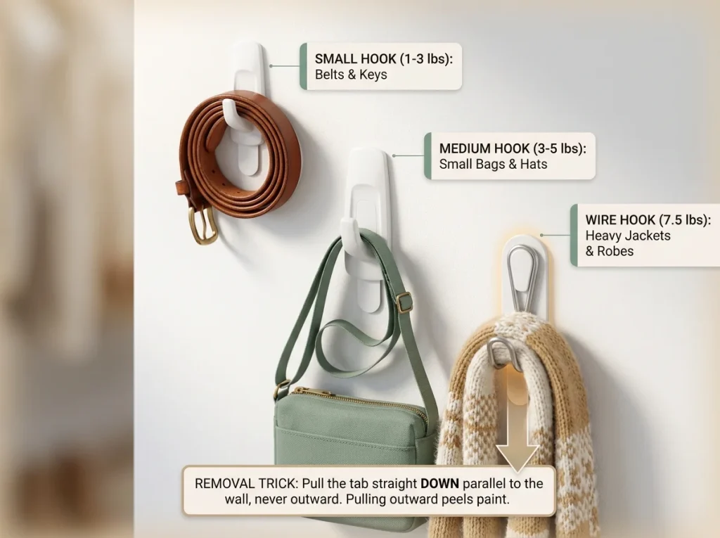 Close-up infographic showing different sizes of Command adhesive hooks with weight limits and safe removal instructions