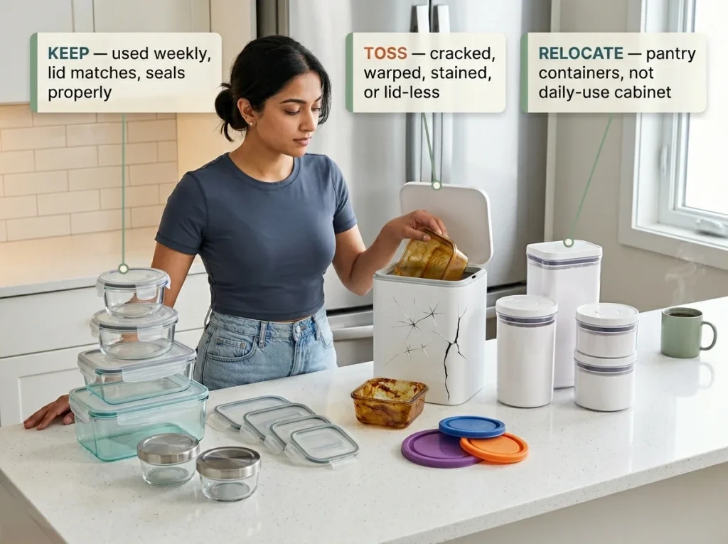South Asian woman sorting food containers into keep, toss, and relocate groups on kitchen counter during cabinet audit