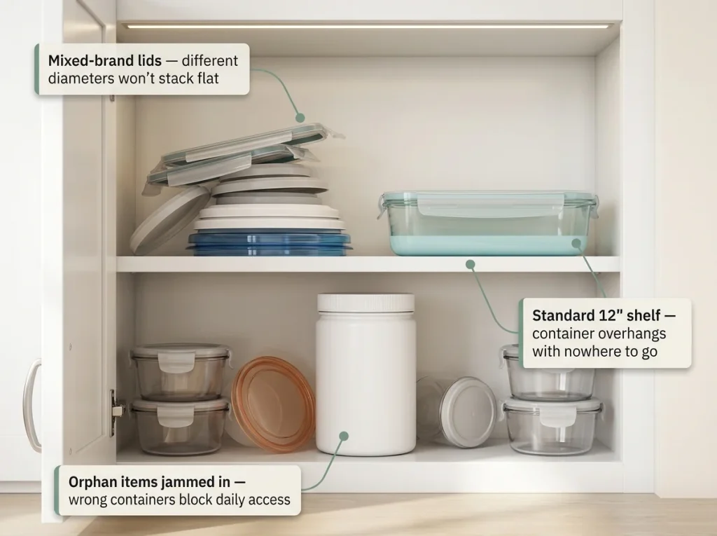 Food container cabinet annotated with three failure labels: lid stacking, shelf depth, orphan clutter