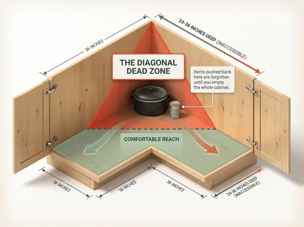 Infographic showing corner cabinet diagonal dead zone with red triangle highlighting inaccessible space and depth measurements