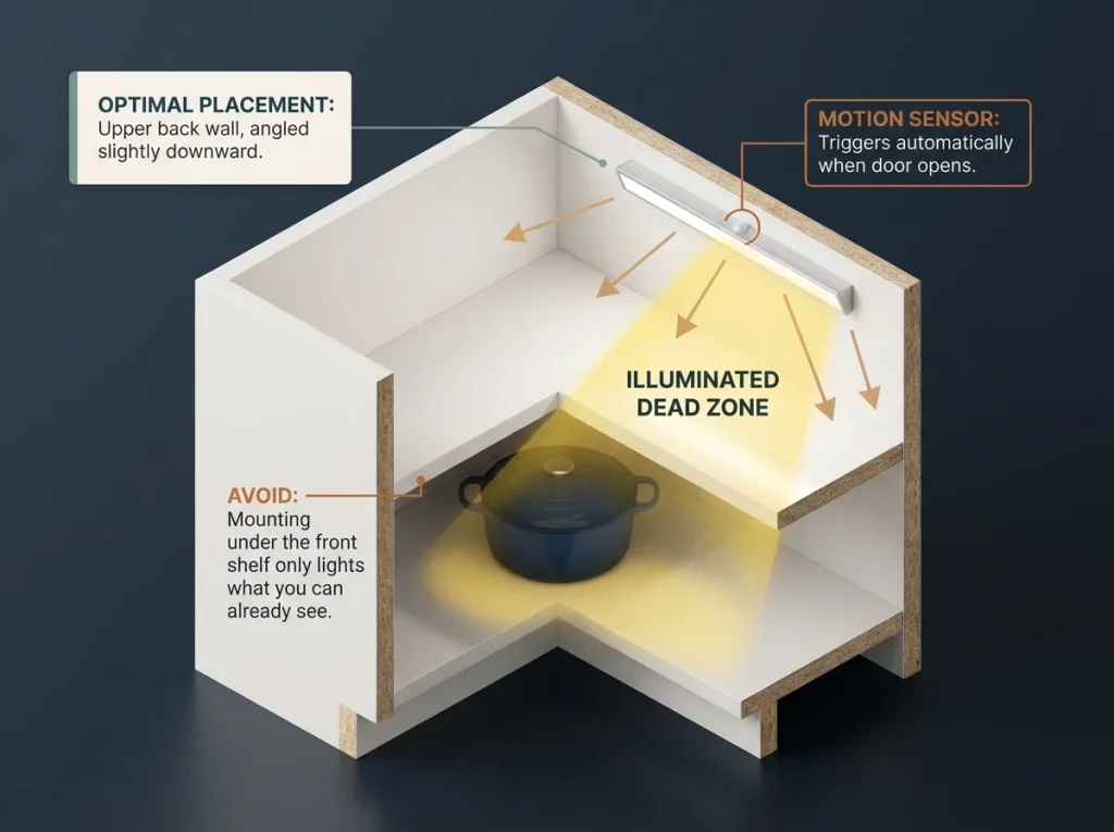 Infographic showing side-view of corner cabinet with LED light bar placement and yellow highlight showing coverage area