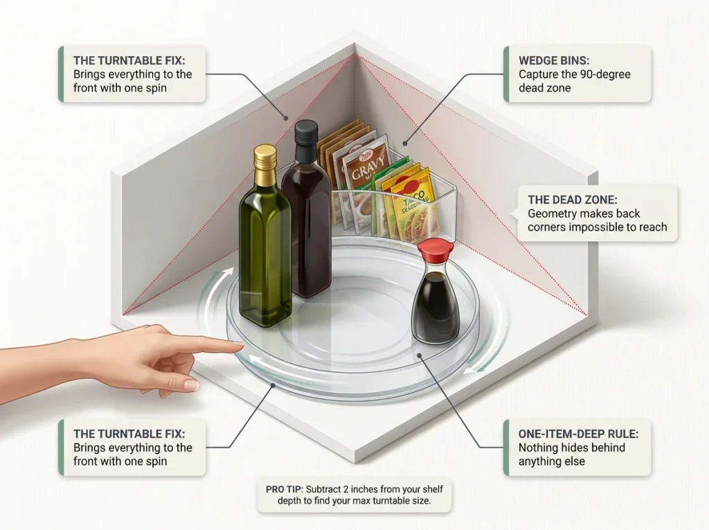 Infographic showing a deep corner kitchen cabinet organized with a 12-inch turntable and wedge bins