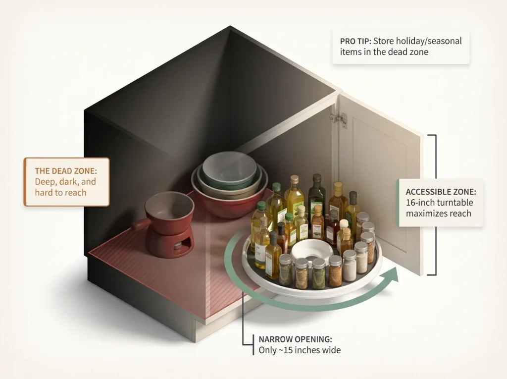 Infographic showing corner cabinet organization using a 16-inch turntable while highlighting the inaccessible dead zone