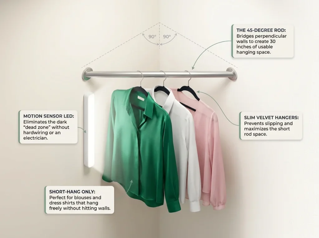 How to Organize a Walk-In Closet by Zones 7 Infographic showing a 45-degree angled closet rod in a corner with blouses and motion sensor LED lighting