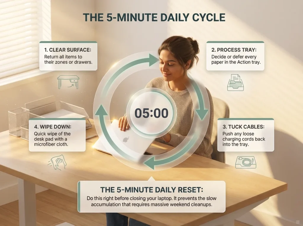 Infographic depicting a five-minute daily desk reset routine at the end of the workday to maintain organization