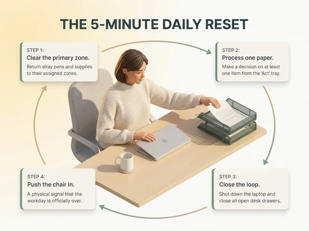 Infographic showing the five-minute daily desk reset routine with labeled maintenance steps
