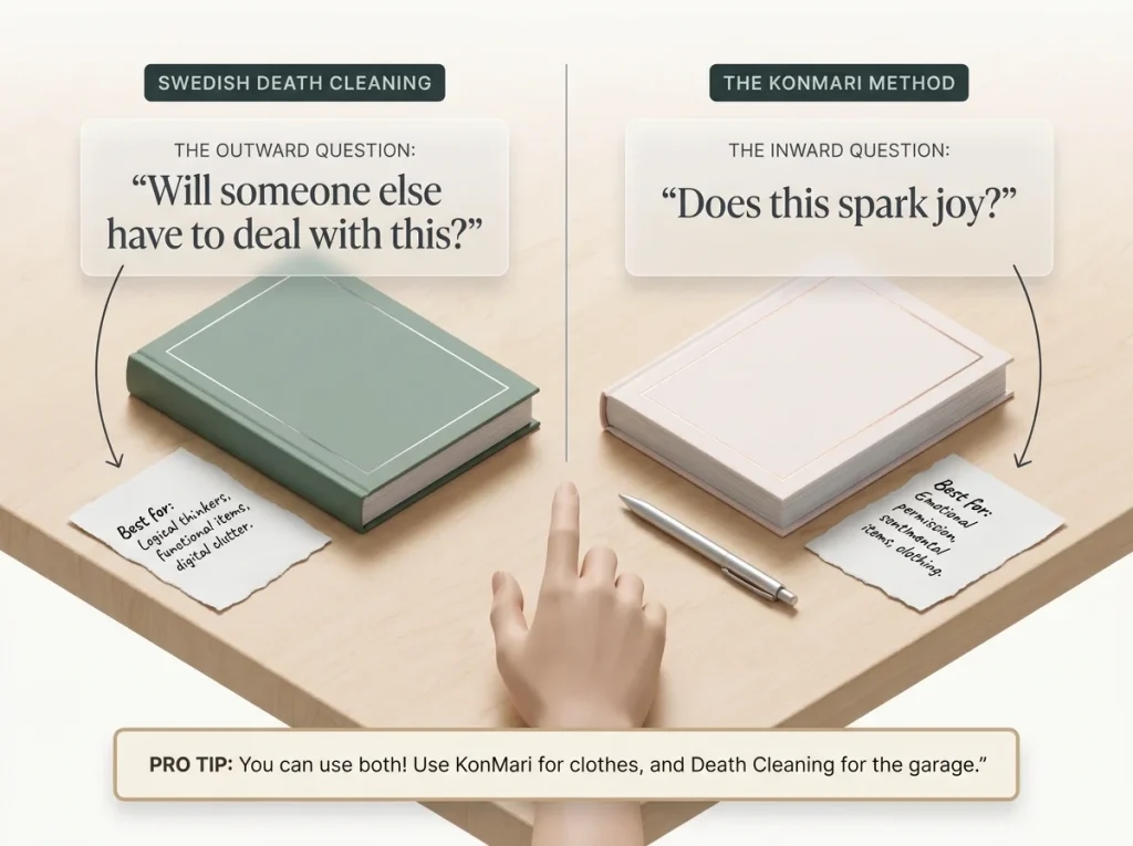 Infographic comparing Swedish death cleaning and KonMari methods highlighting their different decision-making questions