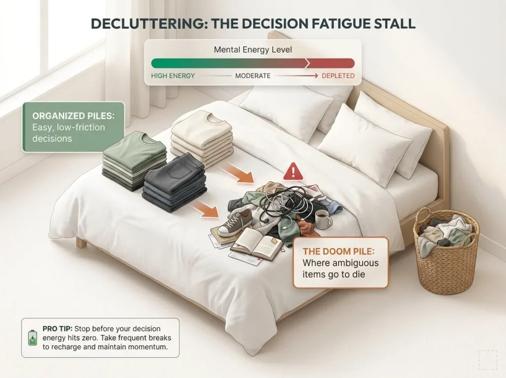 8 Decluttering Methods That Work Past the First Week 2 Infographic showing a bedroom decluttering session stalled by decision fatigue with labeled sorted piles and a doom pile