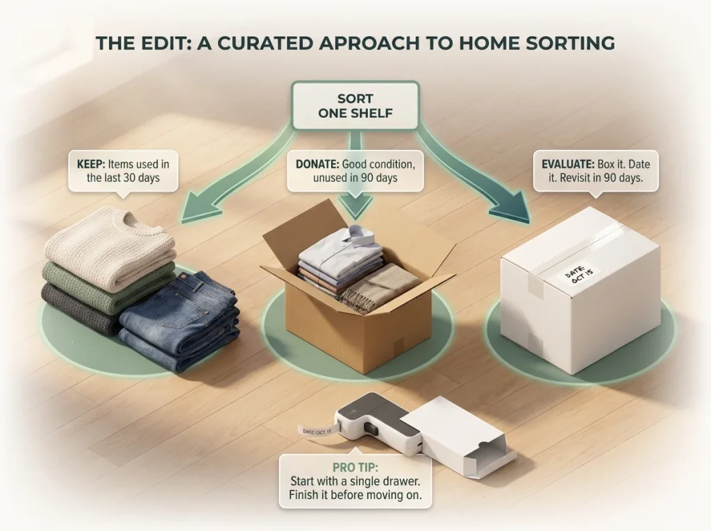Infographic showing the 3-pile sorting method for apartment organization with labeled keep, donate, and evaluate zones