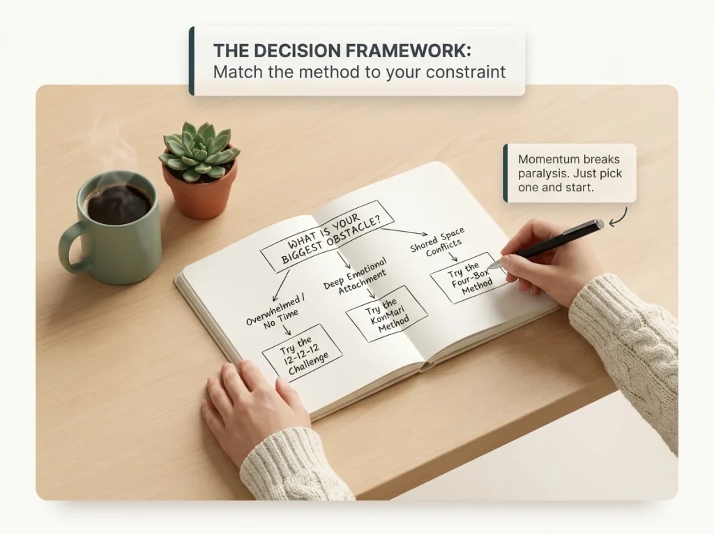 8 Decluttering Methods That Work Past the First Week 12 Infographic showing a decision framework notebook for choosing the right decluttering method based on constraints