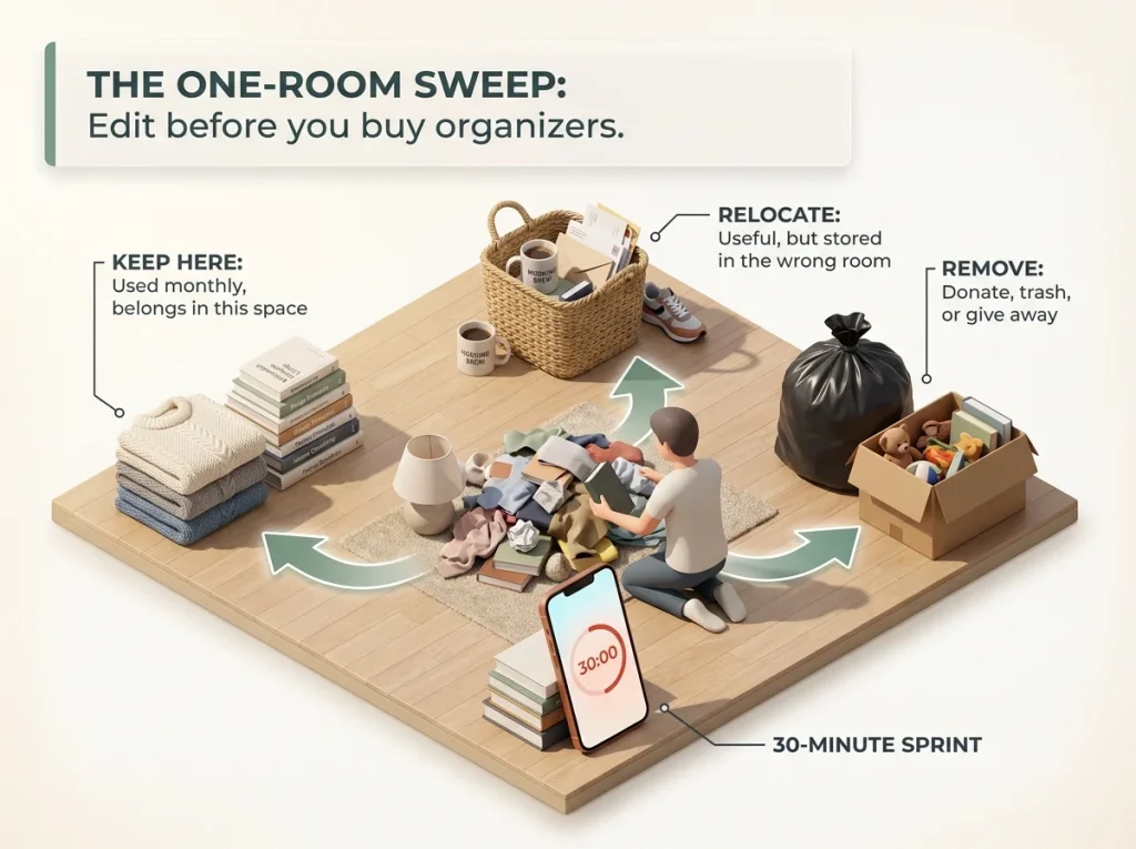 Infographic showing a room-by-room decluttering process with three sorted piles and a 30-minute timer