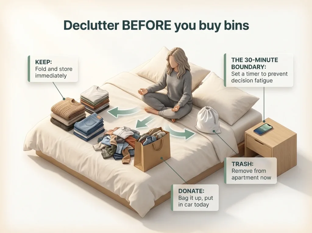 Infographic showing the 3-category decluttering method with keep, donate, and trash piles on a bed and a timer running