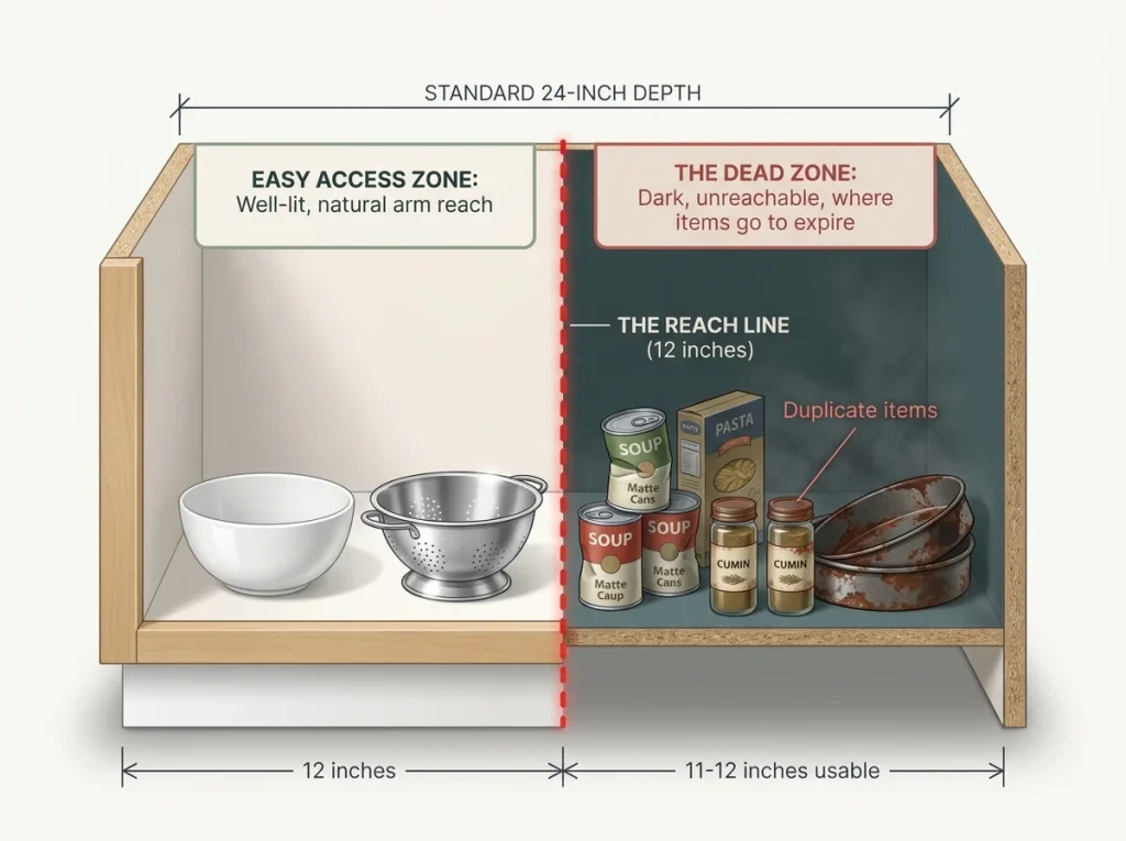 Infographic showing the geometry of a 24-inch deep kitchen cabinet with a 12-inch reach dead zone hidden in back shadow