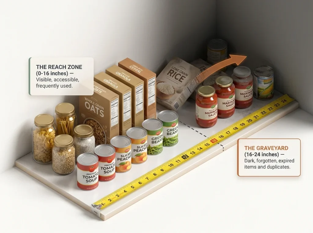Infographic showing a 24-inch deep pantry shelf problem with measuring tape, highlighting the dusty 8-inch back zone