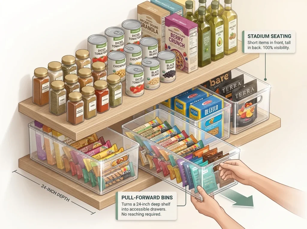 Infographic showing pull-forward clear acrylic bins on a deep pantry shelf with stadium seating on the upper shelf