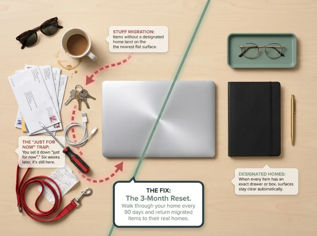 Overhead flat-lay infographic comparing a cluttered desk surface with a clear desk to explain stuff migration
