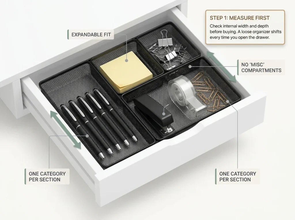 Infographic showing a perfectly organized desk drawer with expandable mesh dividers and categorized office supplies