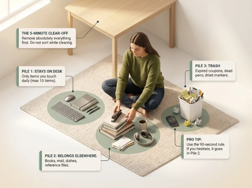 Infographic showing a woman clearing a messy desk by sorting items into three distinct floor piles: stays, elsewhere, and trash