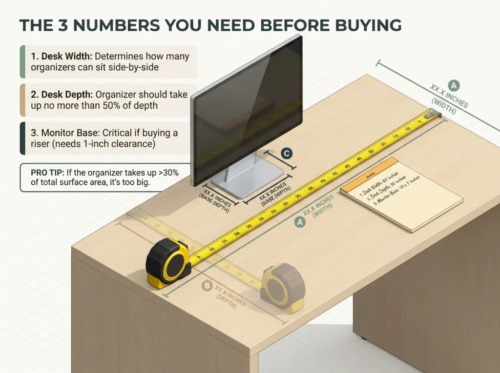 Infographic showing how to measure desk width, depth, and monitor base footprint before buying organizers