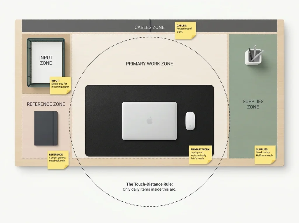Infographic showing an overhead desk layout divided into five functional zones with labeled boundaries