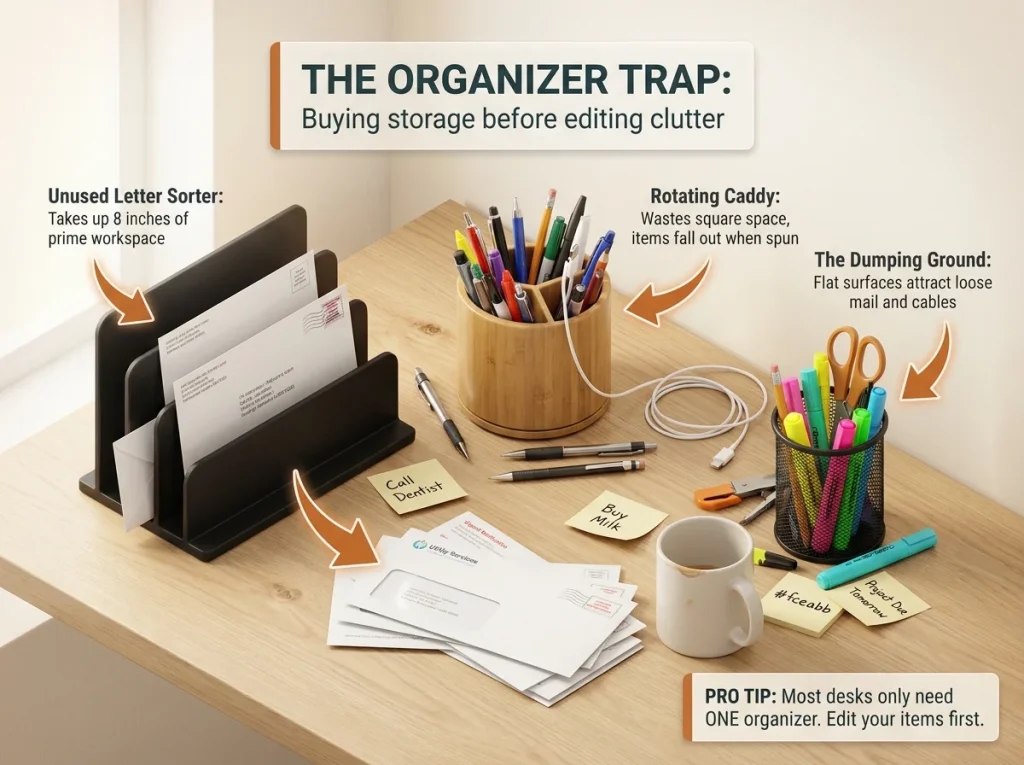 Infographic showing a cluttered desk with multiple organizers failing to contain loose papers and accessories