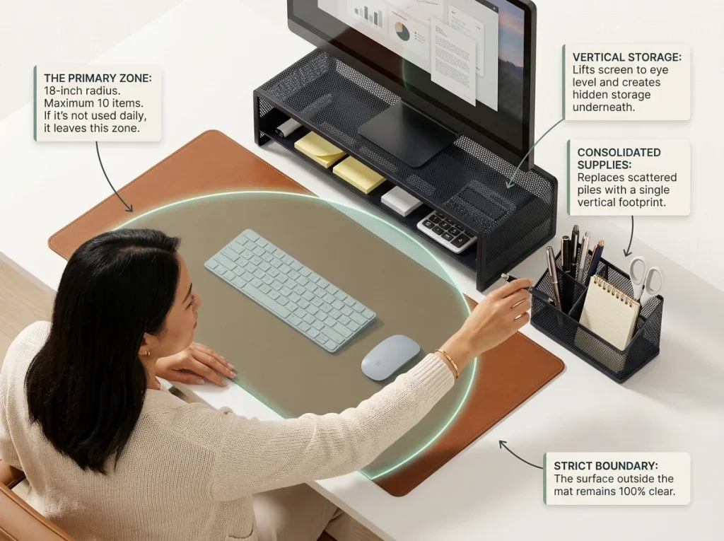 Infographic showing an organized desk with a primary zone defined by a leather pad, monitor riser, and mesh organizer