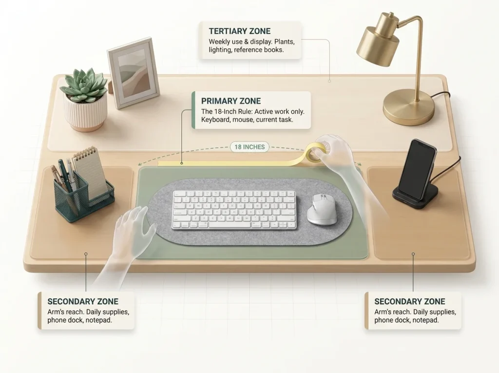 Infographic showing optimal desk organization with mapped primary, secondary, and tertiary reach zones