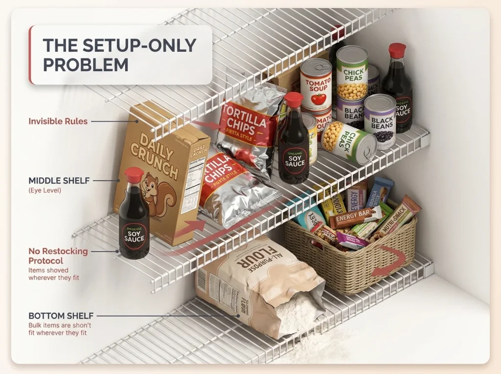 Pantry Organization That Works After the First Week 2 Infographic showing a realistic disorganized pantry before state with overflowing wire shelves and misplaced items