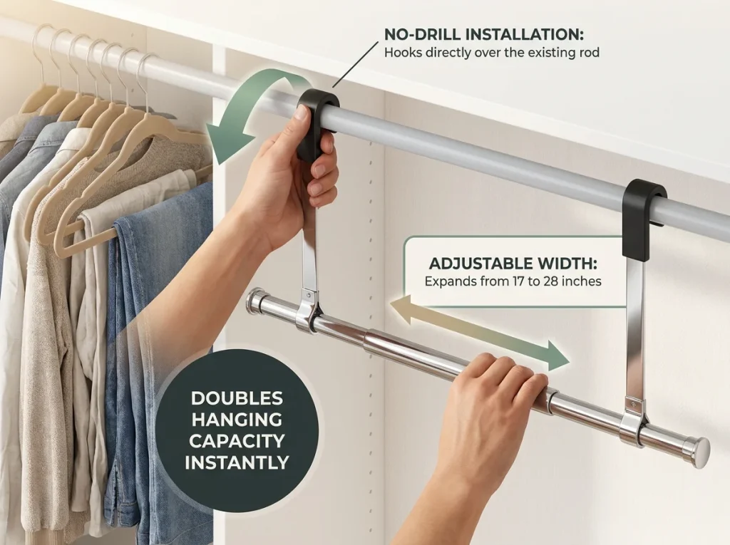 Infographic showing hands installing a no-drill adjustable double closet rod to double hanging capacity